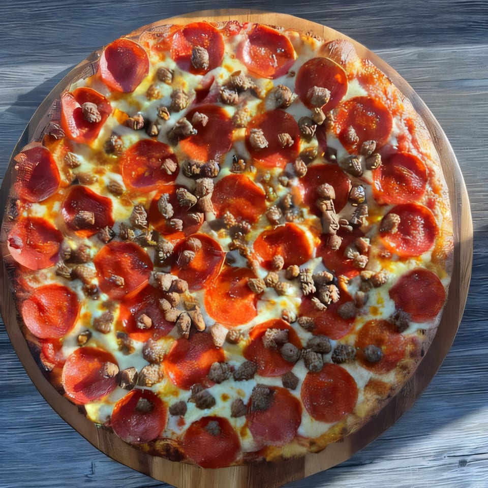 A whole Pizzano's pepperoni and sausage pizza on a wooden board, viewed from above.