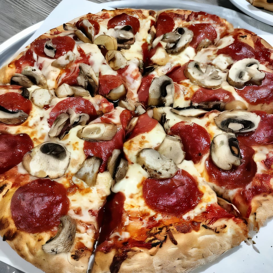 Pizzano's Buffet pepperoni and mushroom pizza, sliced and ready to eat.