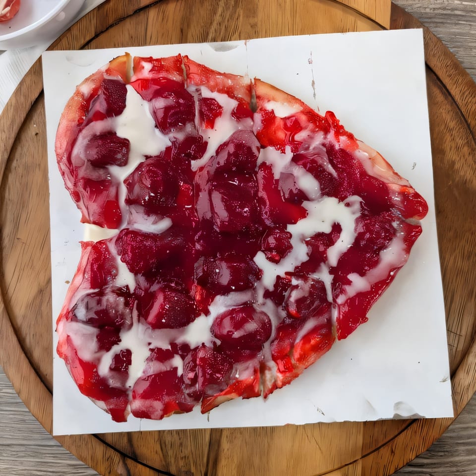 A heart-shaped dessert pizza with red fruit topping and white icing drizzle on a wooden board.